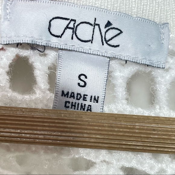 Cache Solid White Crochet Knit Tie Neck 3/4 Bell Sleeve Top Size Small - Picture 7 of 7